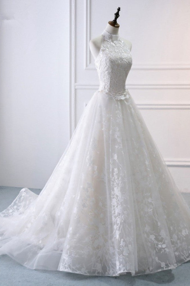 Elegant A-Line Halter Tulle White Wedding Dress Sleeveless Appliques Bridal Gowns On Sale