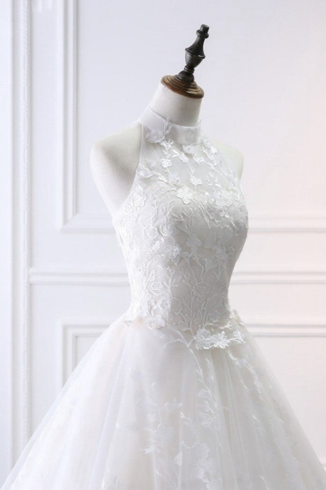 Elegant A-Line Halter Tulle White Wedding Dress Sleeveless Appliques Bridal Gowns On Sale