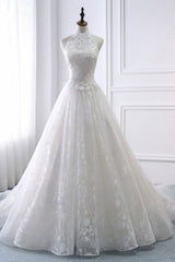 Elegant A-Line Halter Tulle White Wedding Dress Sleeveless Appliques Bridal Gowns On Sale