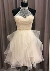 A-Line High-Neck Homecoming Dress with Beading and Organza Skirt