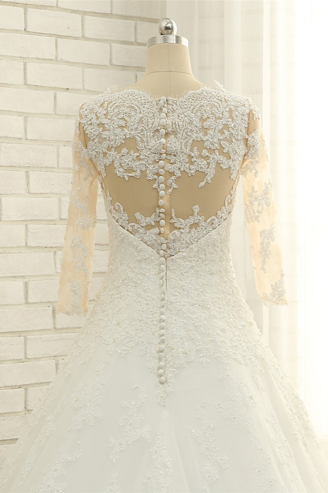 Elegant A-Line Jewel White Tulle Lace Wedding Dress 3/4 Sleeves Appliques Bridal Gowns with Pearls