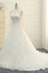 Elegant A-Line Jewel White Tulle Lace Wedding Dress 3/4 Sleeves Appliques Bridal Gowns with Pearls