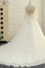 Elegant A-Line Jewel White Tulle Lace Wedding Dress 3/4 Sleeves Appliques Bridal Gowns with Pearls