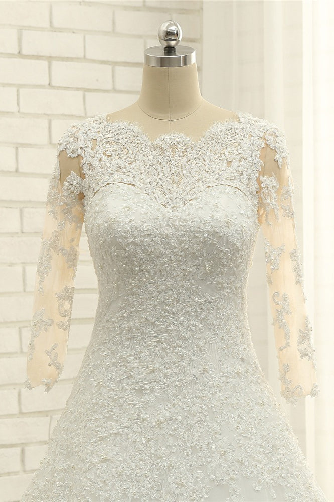 Elegant A-Line Jewel White Tulle Lace Wedding Dress 3/4 Sleeves Appliques Bridal Gowns with Pearls