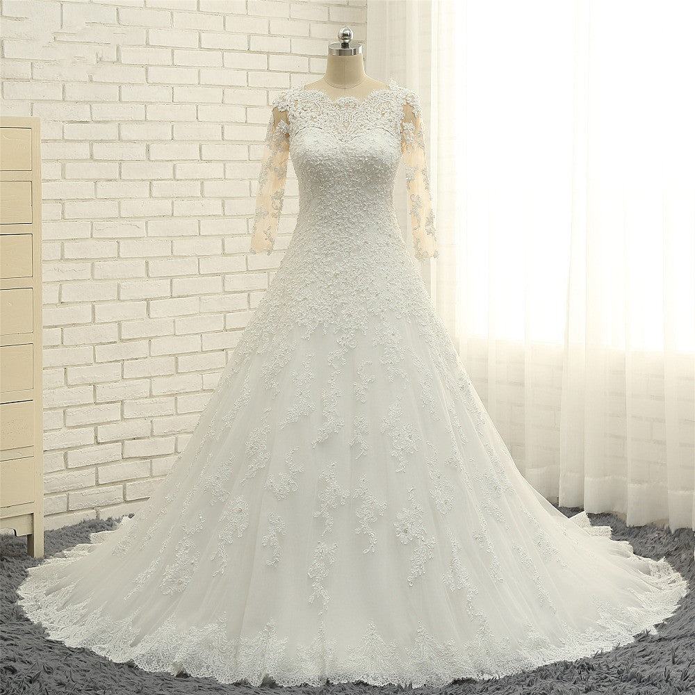 Elegant A-Line Jewel White Tulle Lace Wedding Dress 3/4 Sleeves Appliques Bridal Gowns with Pearls