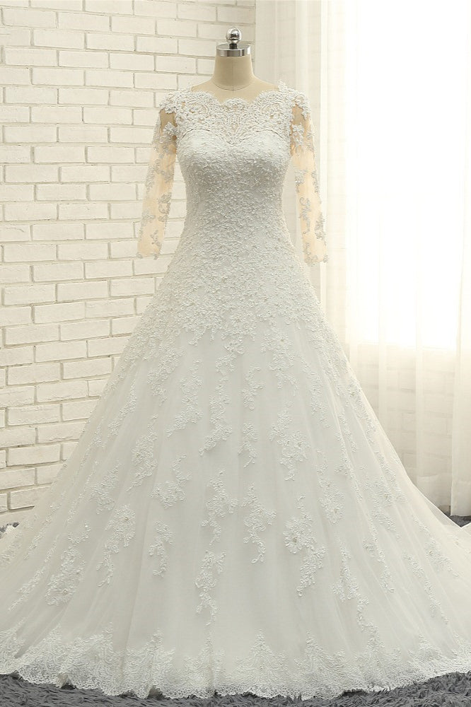 Elegant A-Line Jewel White Tulle Lace Wedding Dress 3/4 Sleeves Appliques Bridal Gowns with Pearls