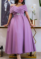 A-line Off-the-Shoulder Satin Homecoming Dress with Pleated Waistband