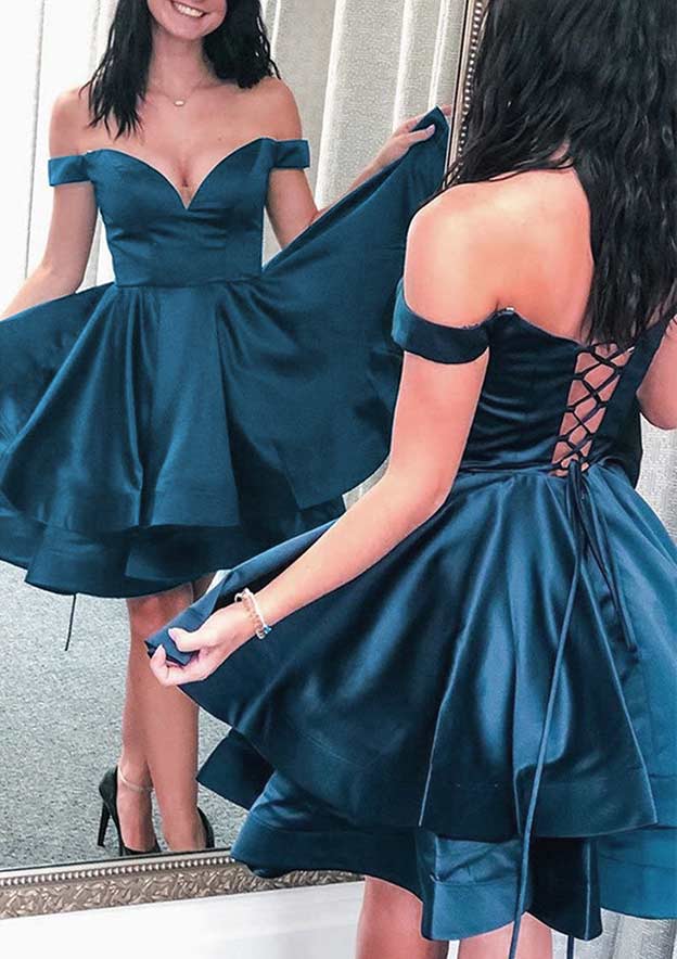 A-line Off-the-Shoulder Sleeveless Satin Short/Mini Homecoming Dress