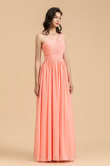 Elegant A-line One Shoulder Coral Chiffon Long Bridesmaid Dress