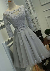 A-Line Princess Bateau Half Sleeve Homecoming Dress with Bowknot Lace