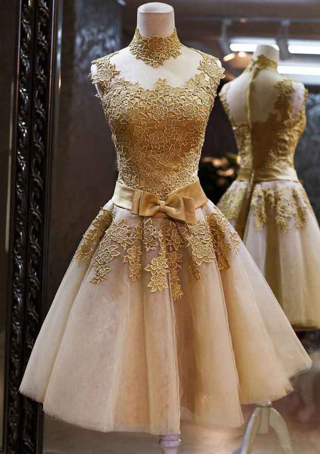 A-Line Princess High-Neck Short Tulle Prom Dress With Appliqued Bowknot