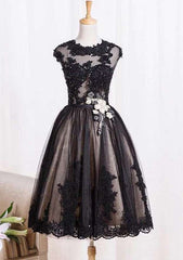 A-Line Princess Illusion Neck Sleeveless Tea-Length Lace Prom Dress With Appliqued