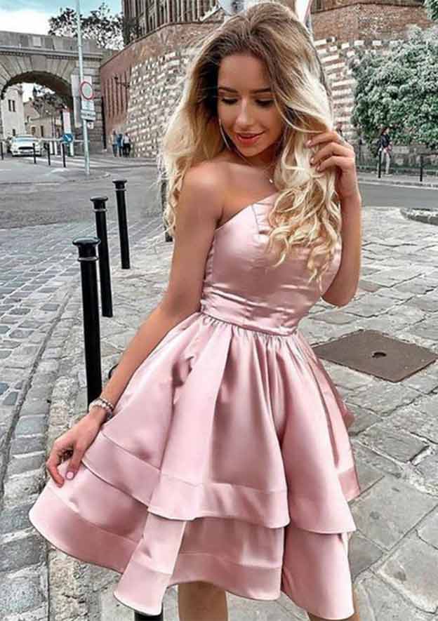 A-Line Princess One-Shoulder Charmeuse Homecoming Dress with Ruffles
