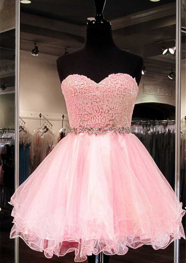 A-Line Princess Sweetheart Short Organza Homecoming Dress with Rhinestone Appliques