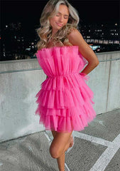 A-Line Sleeveless Short Tulle Homecoming Dress with Ruffles