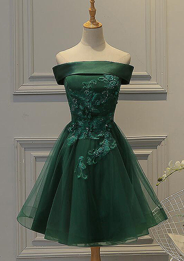 A-Line Square Neck Sleeveless Tulle Satin Homecoming Dress with Appliqued Beading