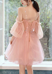 A-line Square Neckline Short Sleeve Tulle Homecoming Dress with Beading Pleats