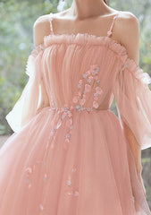 A-line Square Neckline Short Sleeve Tulle Homecoming Dress with Beading Pleats