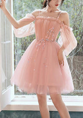 A-line Square Neckline Short Sleeve Tulle Homecoming Dress with Beading Pleats