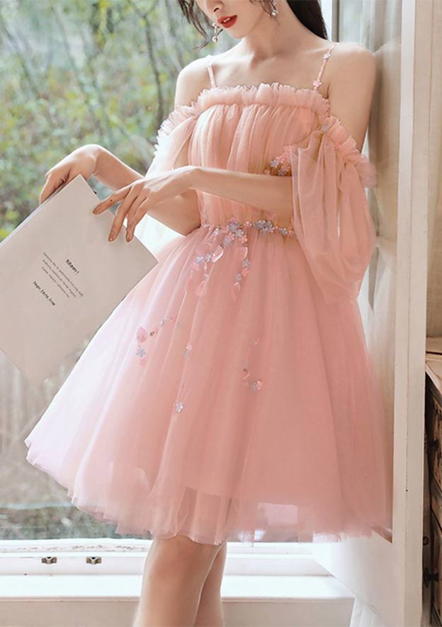 A-line Square Neckline Short Sleeve Tulle Homecoming Dress with Beading Pleats