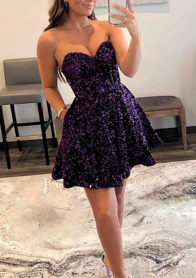 A-line Sweetheart Sleeveless Velvet Sequins Homecoming Dress with Pockets