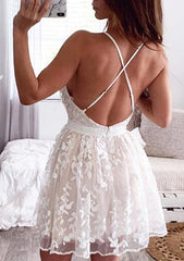 A-line V Neck Lace Sleeveless Homecoming Dress