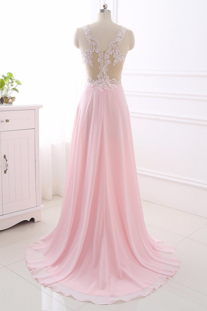 Elegant A-Line V-Neck Pink Chiffon Prom Dresses with Ruffles Online
