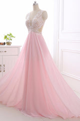 Elegant A-Line V-Neck Pink Chiffon Prom Dresses with Ruffles Online