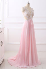 Elegant A-Line V-Neck Pink Chiffon Prom Dresses with Ruffles Online
