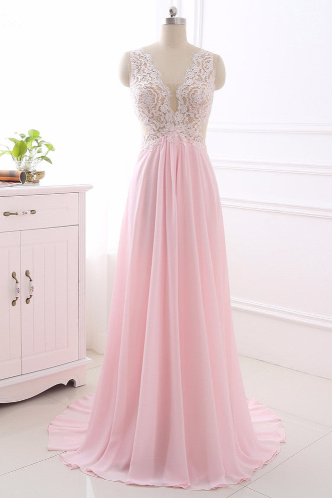 Elegant A-Line V-Neck Pink Chiffon Prom Dresses with Ruffles Online