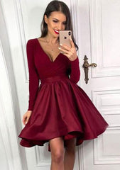 A-Line V Neck Satin Homecoming Dress with Pleated Skirt