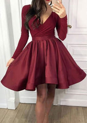 A-Line V Neck Satin Homecoming Dress with Pleated Skirt