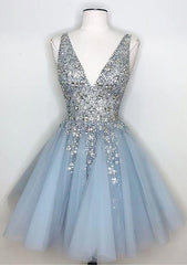 A-Line V-Neck Short Homecoming Dress with Beaded Ruffles and Sequins