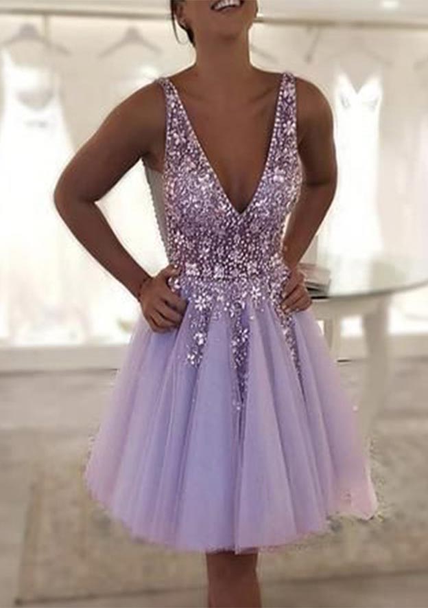 A-Line V-Neck Sleeveless Knee-Length Tulle Homecoming Dress with Beaded Sequins