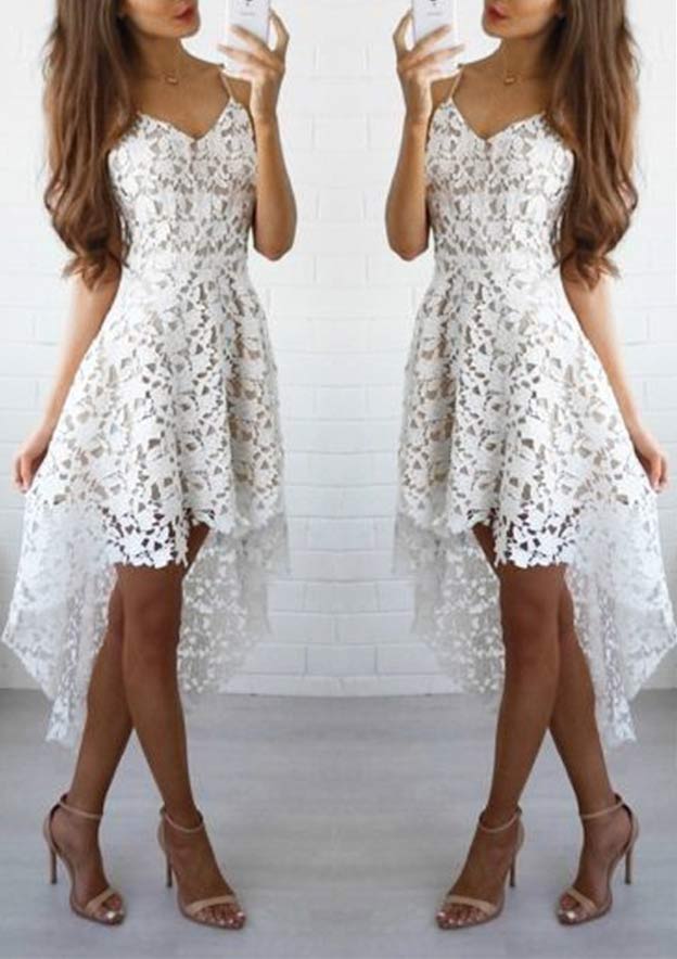 A-line V-Neck Sleeveless Lace Asymmetrical Homecoming Dress