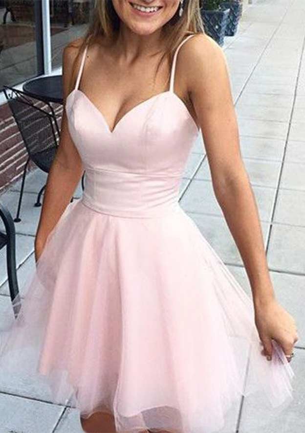 A-Line V-Neck Sleeveless Mini Tulle Homecoming Dress