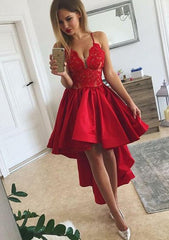 A-line V Neck Sleeveless Satin Asymmetrical Homecoming Dress with Appliqued Lace