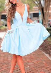 A-line V Neck Sleeveless Satin Short/Mini Homecoming Dress with Pockets and Beading