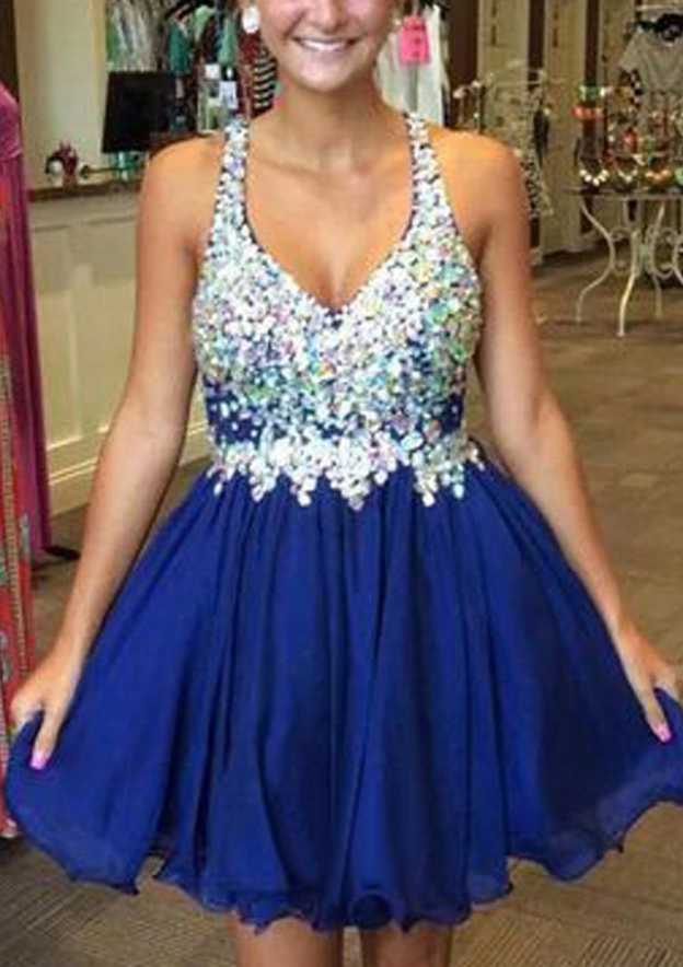 A-Line V-Neck Sleeveless Short/Mini Chiffon Homecoming Dress With Crystal