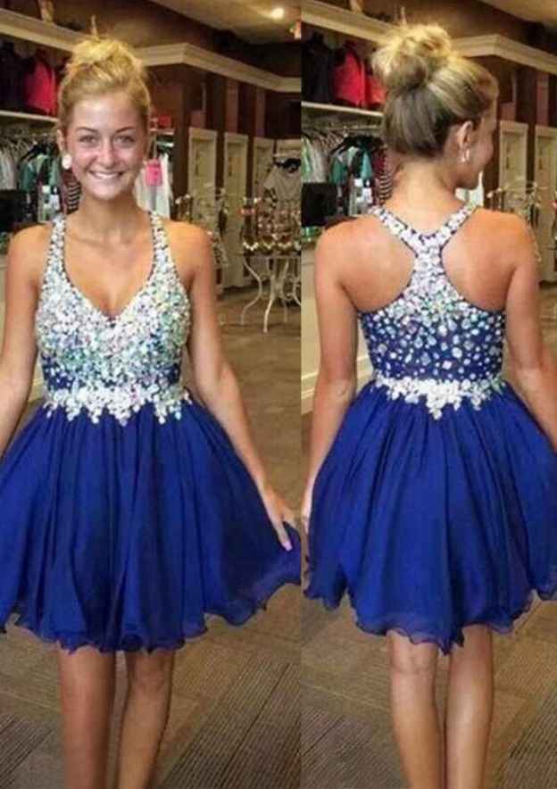 A-Line V-Neck Sleeveless Short/Mini Chiffon Homecoming Dress With Crystal