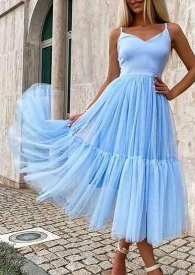 A-Line V-Neck Sleeveless Tea-Length Tulle Homecoming Dress