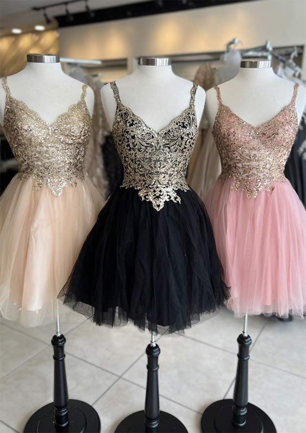 A-line V Neck Sleeveless Tulle Homecoming Dress with Sequins Appliques