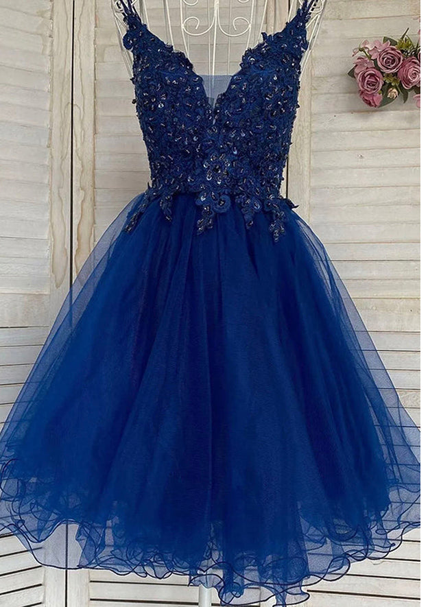 A-line V Neck Sleeveless Tulle Short/Mini Homecoming Dress with Appliqued Beading Sequins