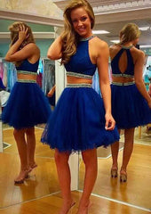 A-Line/Princess Bateau Short/Mini Tulle Homecoming Dress With Beaded