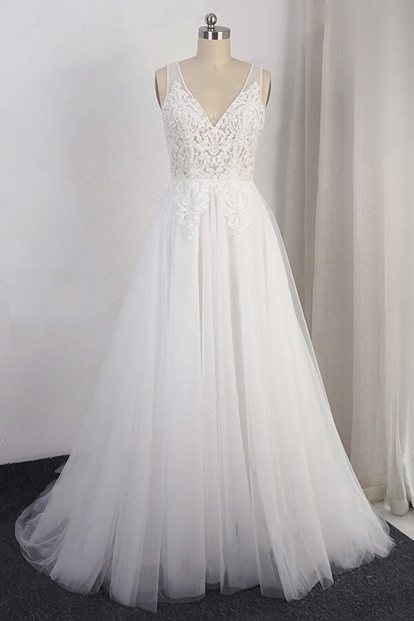 Elegant Appliques Straps Tulle Wedding Dress A-line White V-neck Bridal Gowns On Sale