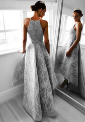 Elegant Asymmetrical Lace Prom Dress with A-line/Princess Square Neckline