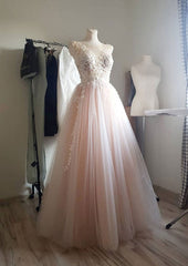 Elegant Ball Gown Illusion Neck Tulle Prom Dress/Evening Dress with Appliqued Laced