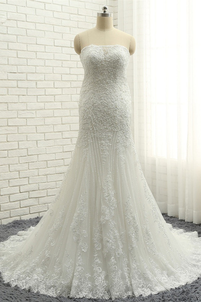 Elegant Bateau White Mermaid Wedding Dresses With Appliques Ruffles Lace Bridal Gowns On Sale