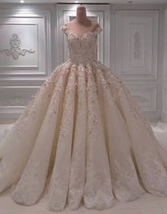 Elegant Chamgne Off-the-shoulder A-line Wedding Dresses Sequins Lace Bridal Gowns With Appliques Online