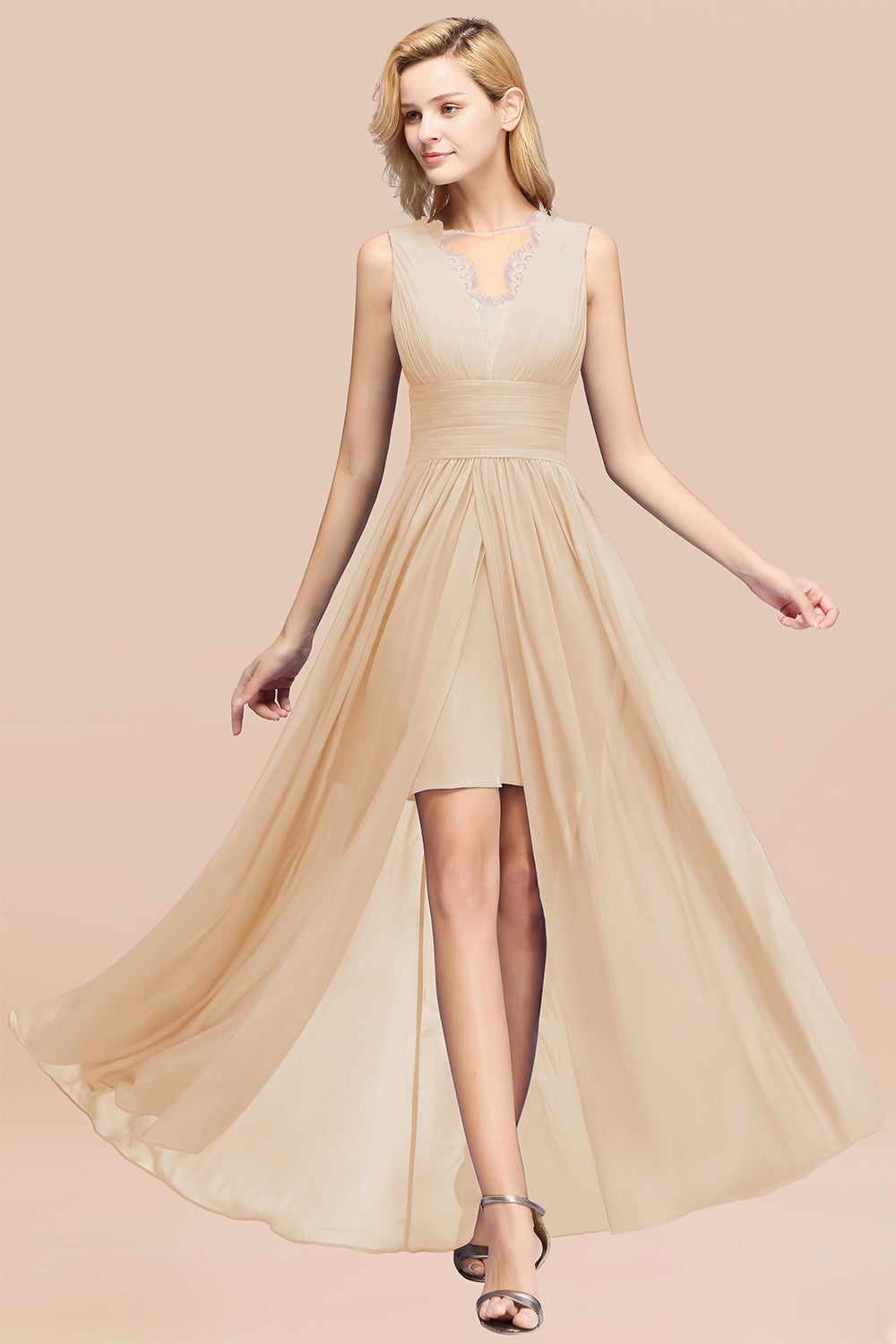 Elegant Chiffon Lace Jewel Sleeveless Bridesmaid Dress with Ruffle